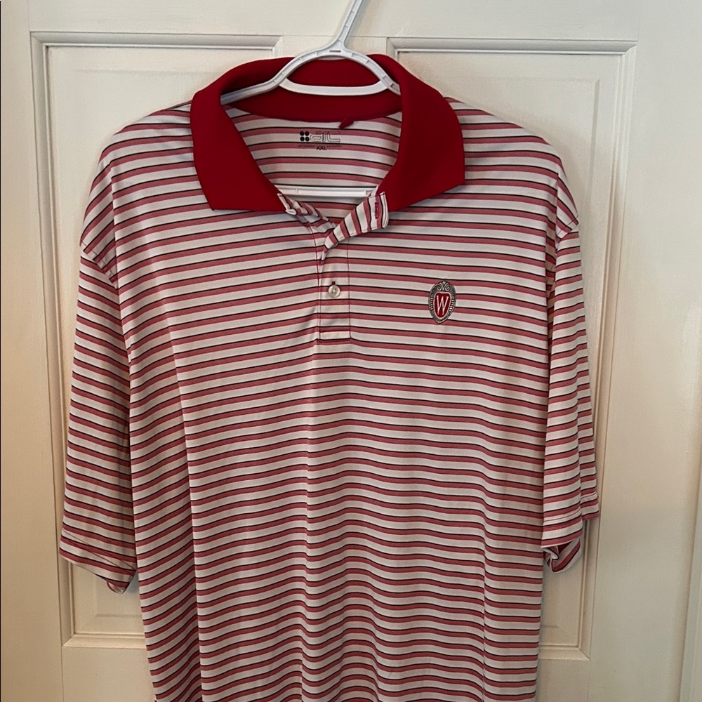 Men's Red and White Striped Polo Shirt